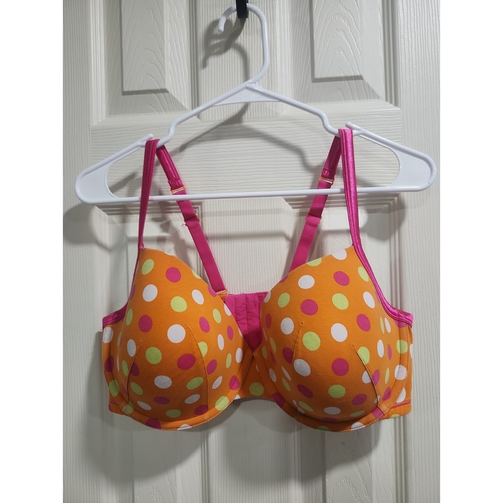 Cacique Bra Underwire Orange Hot Pink Polka Dots Cotton 40DDD Convertible Straps